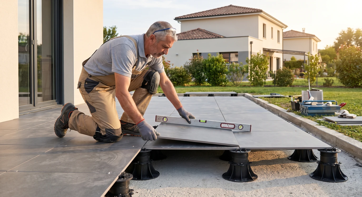 Artisan carreleur posant une dalle de carrelage grand format gris anthracite sur une terrasse extérieure, la dalle reposant visiblement sur des plots réglables en PVC blanc ou anthracite espacés régulièrement. La configuration montre le système de plot surélevé permettant le drainage. L'artisan est en position de travail, réglant l'altitude de la dalle. Environnement extérieur résidentiel, chantier en cours de finition, vue à hauteur d'œuvre.