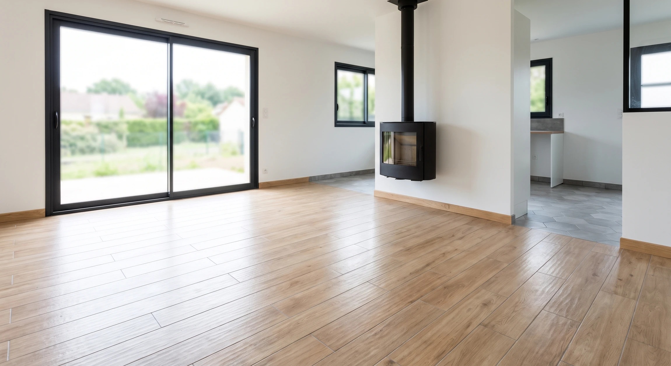 Pièce intérieure moderne en cours de finition, sans mobilier, bien éclairée par large fenêtre. Sol en carrelage grand format imitation parquet chêne clair avec pose décalée, surface brillante reflétant la lumière naturelle. Poêle design noir suspendu sur mur blanc. Transition visible vers cuisine avec carrelage hexagonal gris. Fenêtres coulissantes cadre aluminium noir. Plinthes en bois ton naturel. Ambiance épurée et lumineuse.
