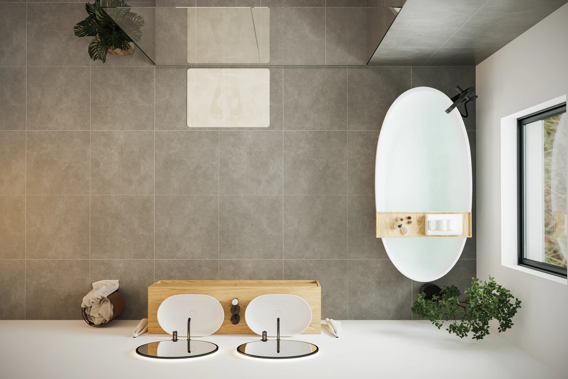 Salle de bain rénovée avec carrelage de ciment patchwork noir, blanc et gris, motifs géométriques et floraux variés